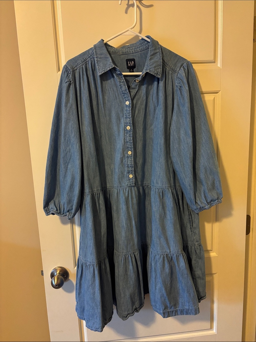 GAP Light Blue Denim Tiered Button-Up Dress